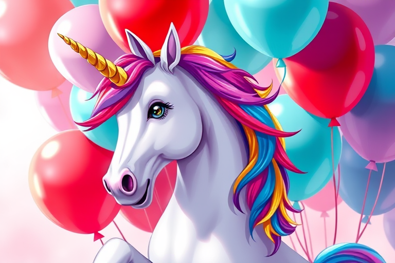 Create a vibrant digital illustration of a unicorn with a rainbow mane, dabbing playfully, surrounded by a cluster of colorful balloons in red and teal, captured in a bright, high-resolution style with a soft-focus background, using a digital drawing tablet, high contrast, and vivid colors.