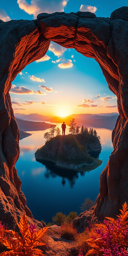 A vibrant fantasy landscape featuring a lone figure in a natural archway overlooking a serene lake and a rocky island with trees at sunset, captured with a DSLR camera, f/11 aperture, ISO 200, 50mm lens, and HDR style to enhance color contrast and detail.