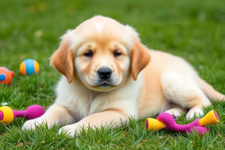 A fluffy golden retriever puppy lying on green grass with a soft expression and slightly tilted head, surrounded by colorful toys in a serene outdoor setting.