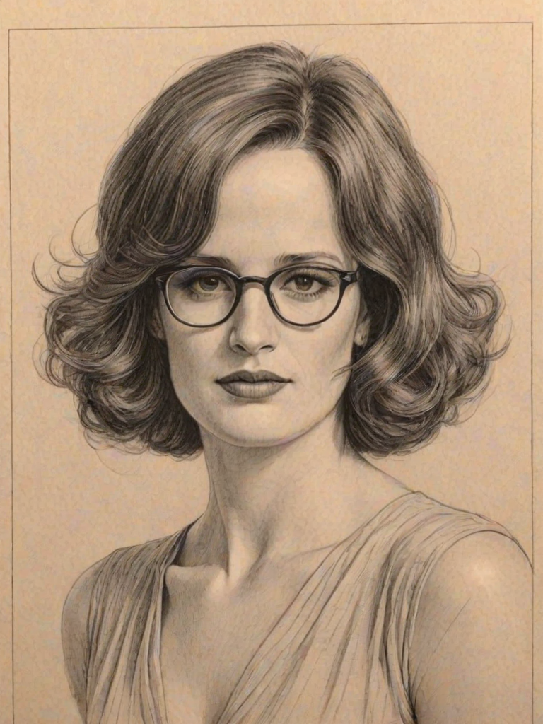 Dazzling Elizabeth Reaser, pencil sketch, portrait of Appealing woman 1927s in glasses, hair style beatnik, outline, clear lines, fine lines, 8k