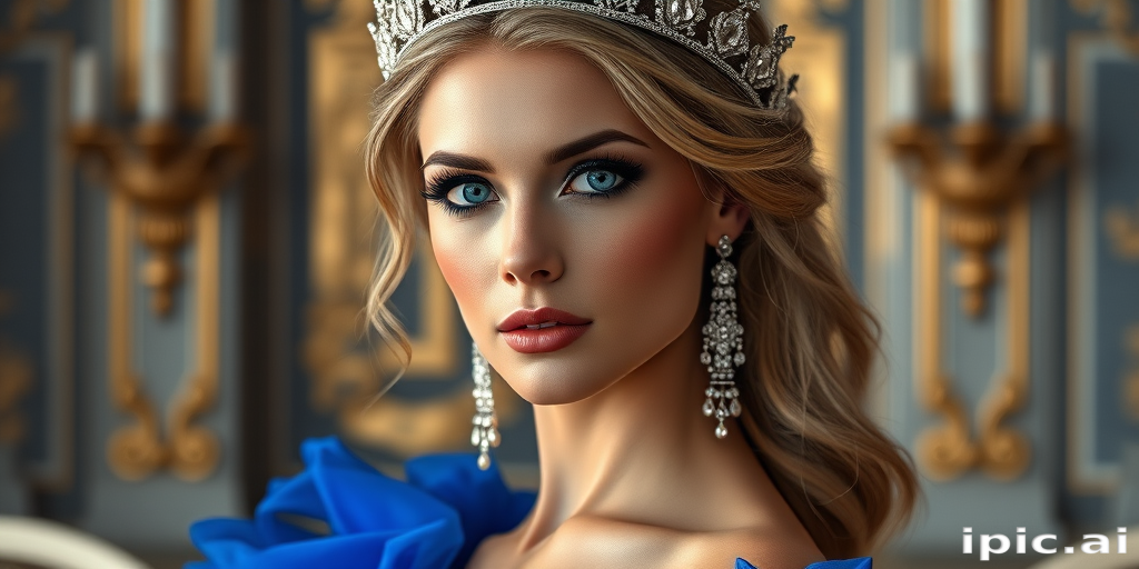 A gorgeous woman in a luxurious blue gown, accessorized with a dazzling tiara and statement earrings, her deep blue eyes highlighted by impeccable makeup, poised in a royal setting, photorealistic, 8K quality