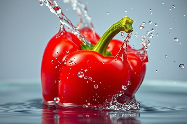 A vibrant red bell pepper splashing into water with bubbles and splashes, captured using a Canon EOS R5, 100mm macro lens, f/2.8 aperture, 1/2000s shutter speed, ISO 100, with a high-speed sync flash for enhanced clarity and detail, shot from a low angle to emphasize the movement and water droplets.