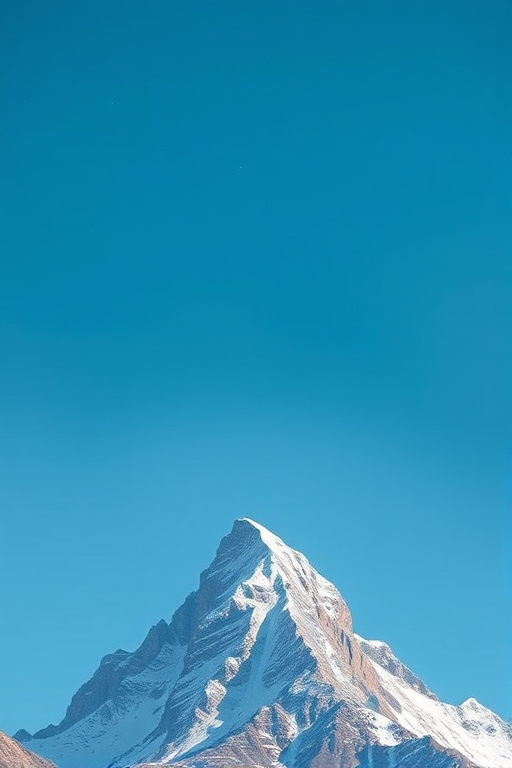 Generate a high-resolution image of a snow-capped mountain peak against a clear blue sky, using a Canon EOS 5D Mark IV with a 24-70mm f/2.8 lens, at an aperture of f/11, ISO 100, and a shutter speed of 1/200 sec, captured from a low-angle perspective to emphasize the mountain's grandeur.