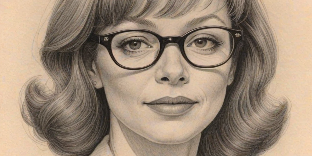 Delightful Frances Fisher, pencil sketch, portrait of Delightful woman 1948s in glasses, hair style beatnik, outline, clear lines, fine lines, 8k