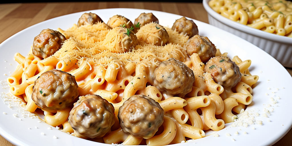 macaroni and cheese with meatballs
