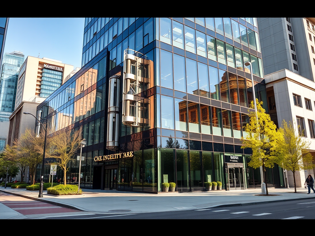 Generate a high-resolution image of a modern office building with a glass facade, taken from street level, using a DSLR camera, 50mm lens, f/8 aperture, ISO 100, and natural lighting to enhance image quality.
