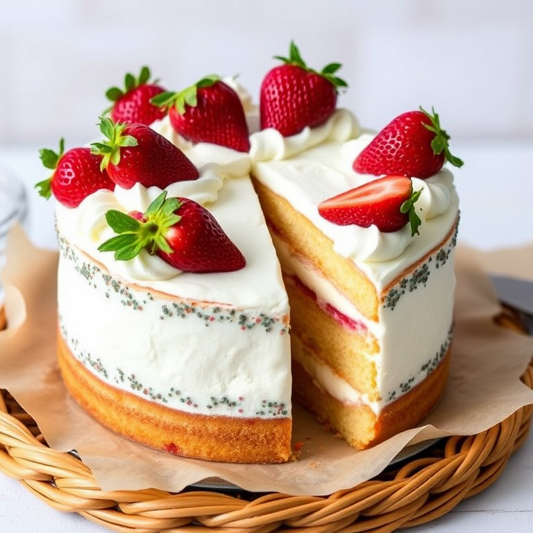 A beautifully layered cake with whipped cream and fresh strawberries on top, showcasing a slice cut out to reveal creamy filling, placed on a wicker tray with parchment paper, against a soft, natural background.