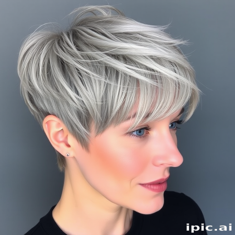 Sleek silver fox pixie cut with feathered bangs, emphasizing natural gray tones and incorporating subtle platinum highlights for a chic, age-defying style