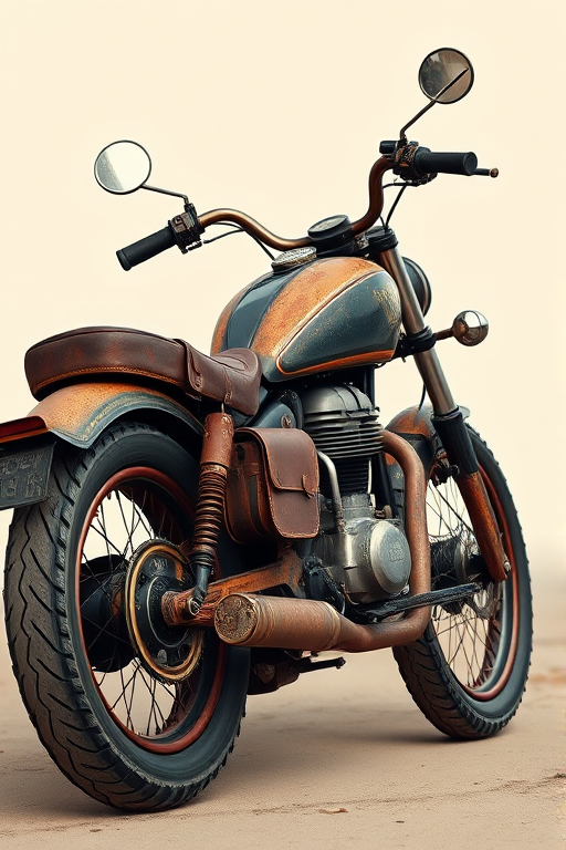 Create a highly detailed illustration of a vintage motorcycle featuring a rusty, steampunk design with leather saddlebags, positioned in a three-quarter view, using a DSLR camera with a 50mm lens, f/1.8 aperture, ISO 100, and soft natural lighting to enhance textures and colors.