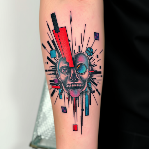 Glitch tattoo titled "Digital Disruption" incorporating pixelated elements data corruption effects and fragmented imagery to create a modern tech-inspired design