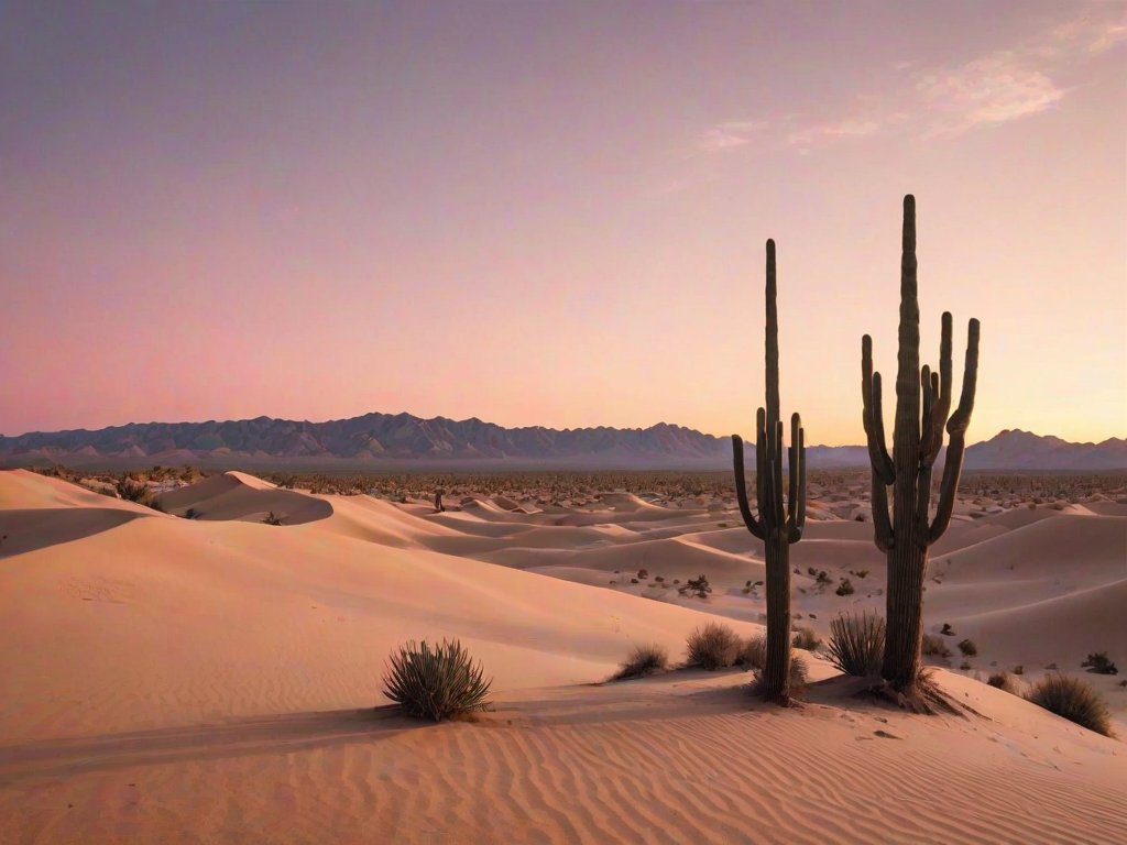 Sharp, high-resolution image of a desert landscape at sunrise, soft pink and orange hues painting the sky, tall cacti standing in silhouette, soft shadows cast on the sand dunes, and a feeling of vastness and solitude.
