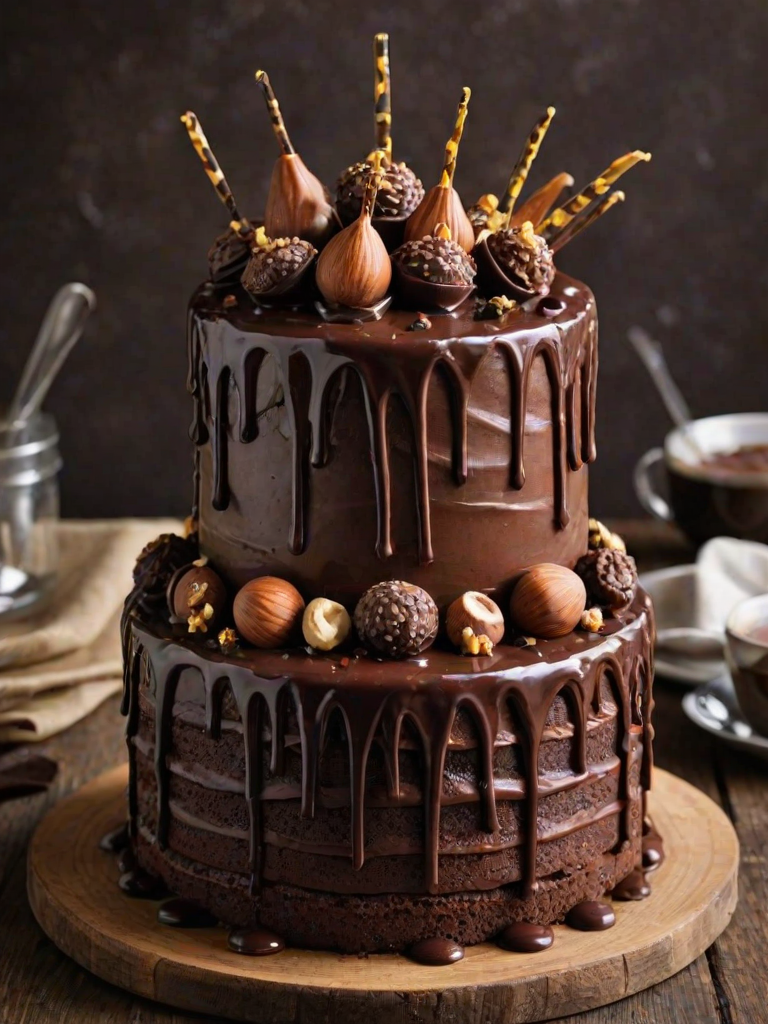 Create an image of a decadent chocolate cake with a textured, layered appearance. The cake should be adorned with an assortment of chocolate bars, hazelnuts, and a rich chocolate ganache dripping down the sides. Include decorative elements like a jar of chocolate spread and various chocolate treats on top, creating a visually indulgent dessert. The setting should be a simple plate on a wooden table, highlighting the cake's details.