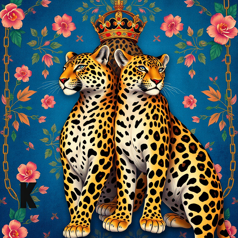 Create a vibrant, detailed illustration of two leopards in dynamic poses, one wearing a crown, set against a rich blue background adorned with floral patterns and golden chains, captured with a DSLR camera, 50mm lens, f/2.8 aperture, ISO 100, and natural lighting for enhanced color and texture.
