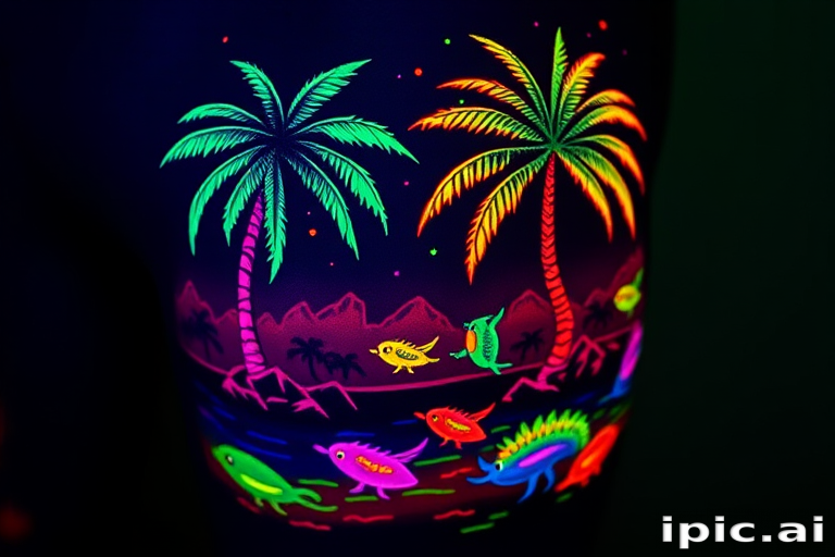 Neon blacklight tattoo called "Electric Oasis" depicting a vibrant tropical scene with glowing palm trees, bioluminescent creatures, and shimmering water, designed to come alive under UV light while remaining subtle in normal lighting conditions
