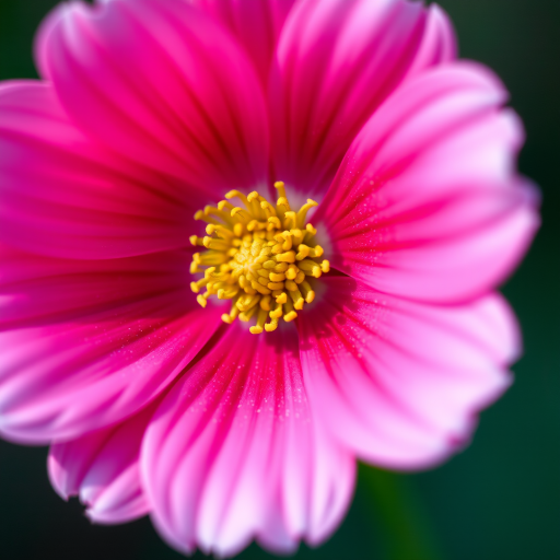 macro shot of a pink flower with yellow center, shallow depth of field, natural light, f/2.8 aperture, 1/250 sec shutter speed, ISO 100, Canon EOS R5, 100mm f/2.8L macro lens, soft bokeh background