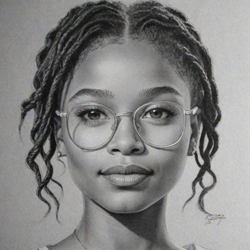 Sublime Halle Bailey, pencil sketch, portrait of Radiant woman 1932s in glasses, hair style beatnik, outline, clear lines, fine lines, 8k