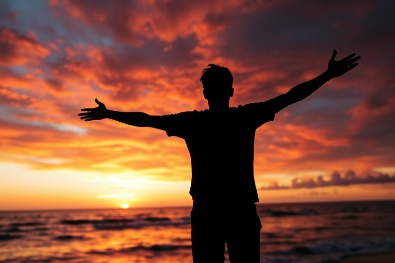 silhouette of a person with outstretched arms against a vibrant sunset over the ocean, captured with a DSLR camera, 35mm lens, aperture f/8, ISO 100, low angle view, dynamic range enhancement, saturation boost