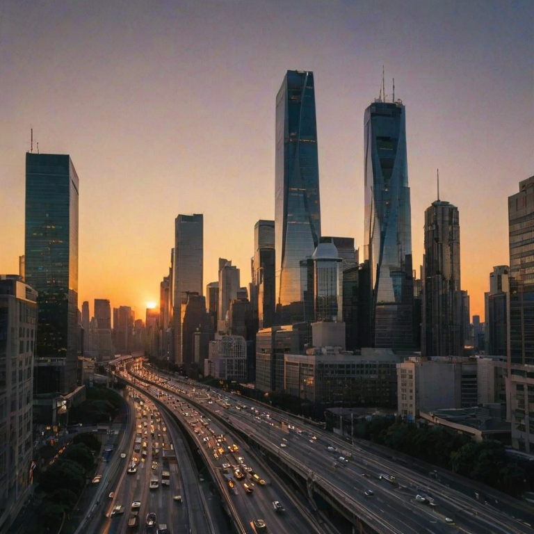 Sunset over a bustling city skyline, the last light of day reflecting off glass skyscrapers, while the streets below buzz with evening traffic.