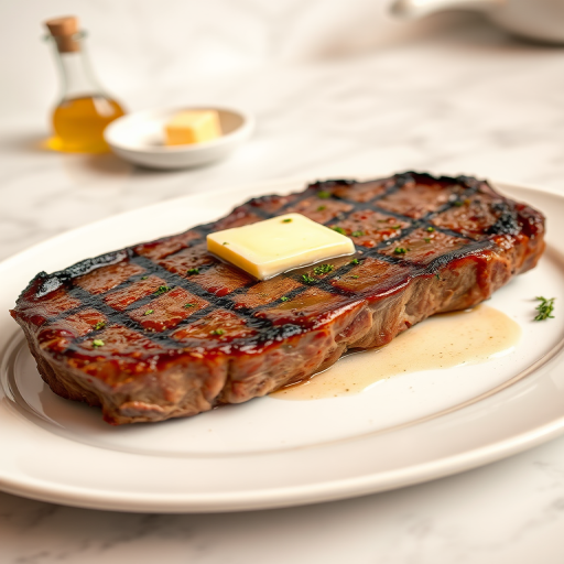 Create an image of a perfectly seared ribeye steak, resting on a white plate with a pat of melting butter on top. The steak is seasoned with fresh herbs like thyme and parsley, with glistening juices highlighting the texture of the meat. The background features a soft focus on a light, marble countertop, with a small dish of butter and an olive oil bottle in the distance. The overall mood should be warm and inviting, capturing the deliciousness and juiciness of the steak.
