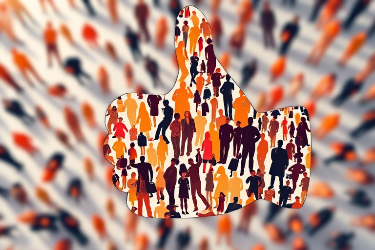 Create an image of a large thumbs up symbol composed of diverse silhouettes of people, using a high-resolution digital camera (ISO 100, f/2.8, 1/500s), shot from a top-down view with a macro lens to enhance detail and texture, in a vibrant color style with a soft focus background.