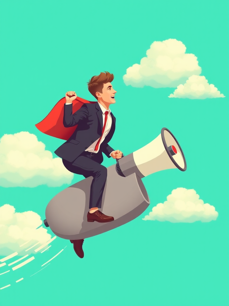 Create a vector illustration of a person in business attire riding a large megaphone against a bright turquoise background with fluffy white clouds, using a 50mm lens, f/8 aperture, ISO 100, and soft lighting for clarity and vibrancy.