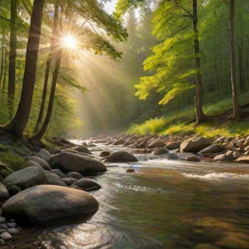 Create an image of a serene, sunlit forest scene with a clear, gently flowing river. Tall trees with lush green foliage line both sides of the river, their leaves bathed in the warm golden light of the setting or rising sun. The sunlight filters through the trees, casting soft, dappled light on the river, which flows over smooth rocks and pebbles, creating a peaceful, natural atmosphere. The sky is bright with a few scattered clouds, and the overall mood is tranquil, evoking a deep sense of connection with nature. The image captures the beauty of a calm, pristine forest landscape at either dawn or dusk.