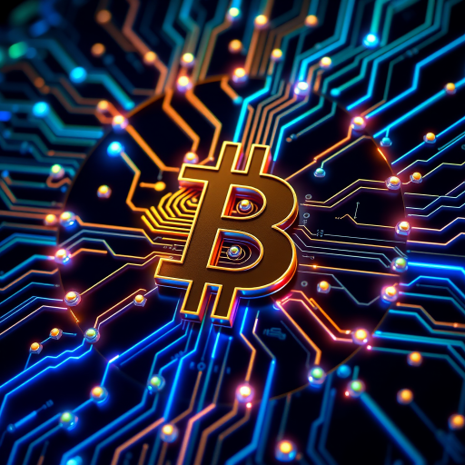 Imagine a Bitcoin symbol (₿) intricately designed as part of a futuristic, glowing circuit board. The ₿ is central, composed of metallic gold and silver lines, seamlessly blending into the web of circuits surrounding it. Blue and green LED-style lights trace through the circuits, making it look like Bitcoin is powering a digital network. The background is dark, with neon accents highlighting the tech vibe, symbolizing the digital and decentralized nature of Bitcoin