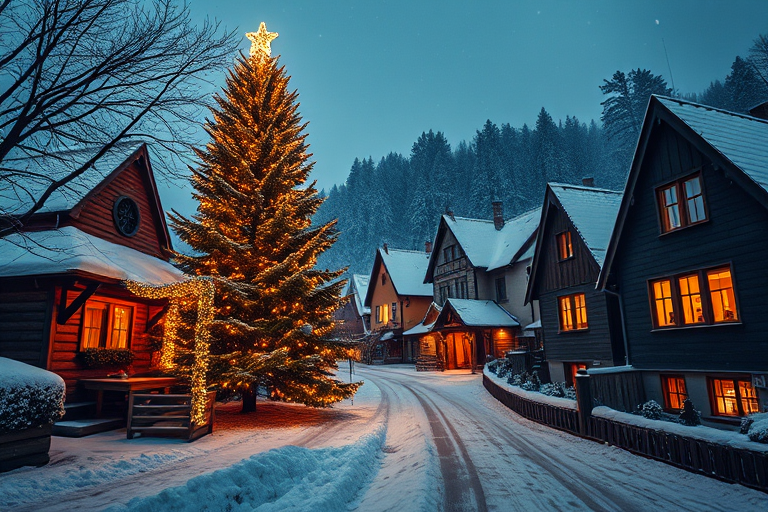 Generate a winter scene featuring a cozy village with a large decorated Christmas tree, soft snow covering the ground and rooftops, warm glowing lights in windows, captured with a Canon EOS R5, 24mm lens, aperture f/2.8, ISO 400, focal length 24mm, in a wide-angle perspective to enhance depth and detail.