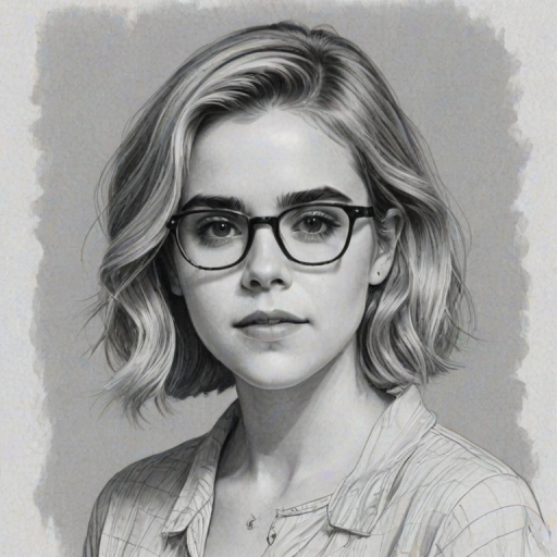 Radiant Kiernan Shipka, pencil sketch, portrait of Beauteous woman 1962s in glasses, hair style beatnik, outline, clear lines, fine lines, 8k