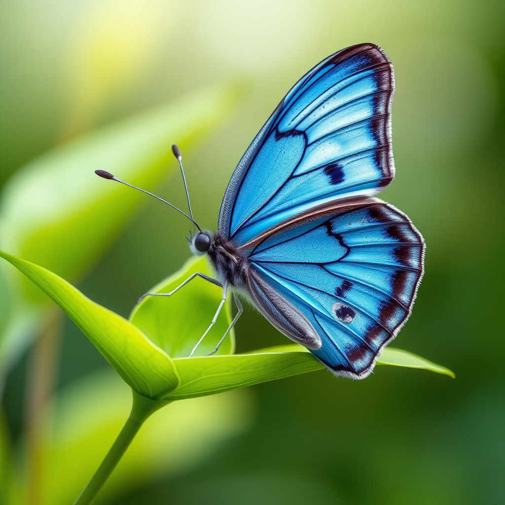 Generate an image of a delicate blue butterfly with intricate black patterns on its wings, perched on a vibrant green leaf in a natural setting. The background should be softly blurred to emphasize the butterfly and leaf.