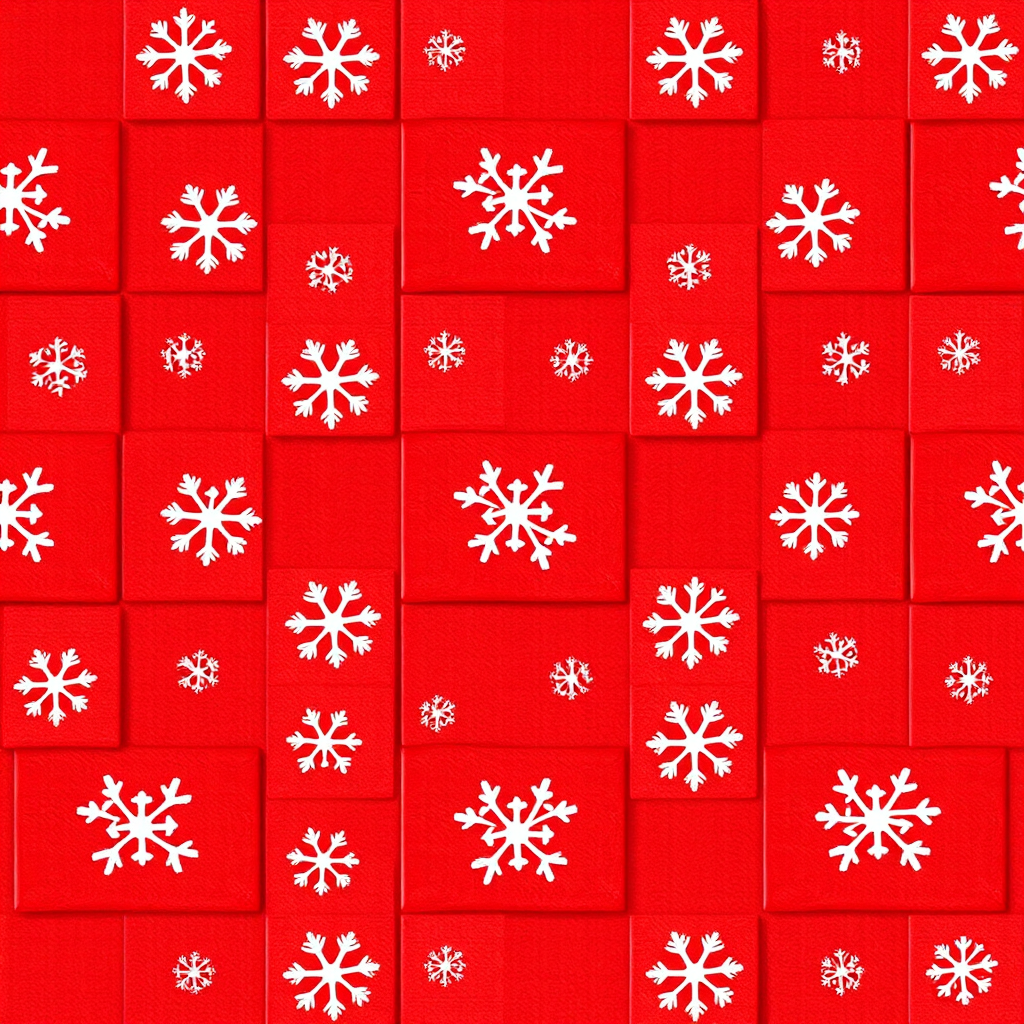 Create a seamless pattern featuring a grid of red squares with white snowflakes, shot with a DSLR camera at f/8 aperture, ISO 200, 50mm lens, overhead view, in high resolution.