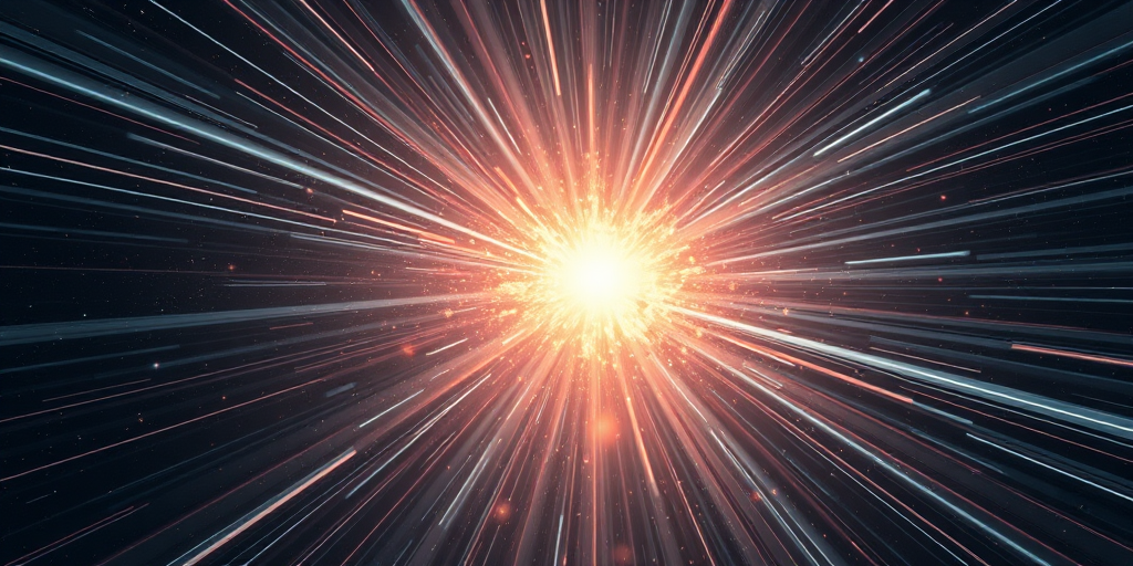 Create an image of a bright cosmic explosion with intense light rays radiating outward, captured with a 50mm lens at f/1.8, ISO 200, shutter speed 1/500s, using a DSLR camera in a wide-angle view.