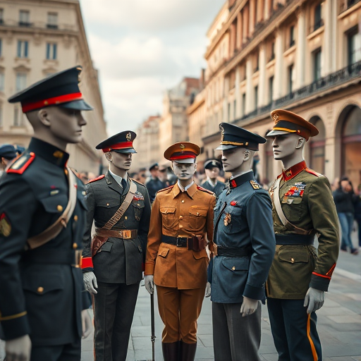 Create a scene of mannequins dressed in various military uniforms standing in a city square during the day, captured with a DSLR camera at f/2.8, ISO 100, shutter speed 1/250s, with a wide-angle lens from a low angle perspective for enhanced depth of field.