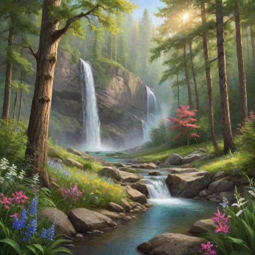 Create a serene natural landscape featuring a lush forest with tall trees, colorful wildflowers, and a tranquil waterfall in the background, reflecting vibrant greenery and a peaceful atmosphere.