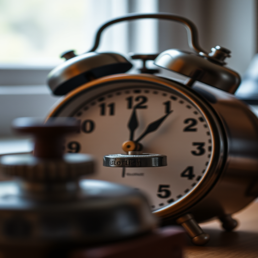 Create a close-up image of a vintage alarm clock with a coffee grinder in the foreground, using a DSLR camera, 50mm lens, f/2.8 aperture, ISO 200, natural lighting, shallow depth of field for a soft background blur.