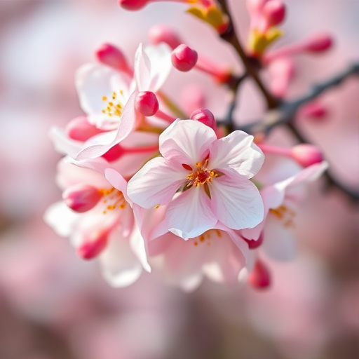 macro shot of cherry blossoms with soft bokeh background, f/2.8 aperture, 100mm lens, ISO 100, natural light, DSLR camera, focus on flower details