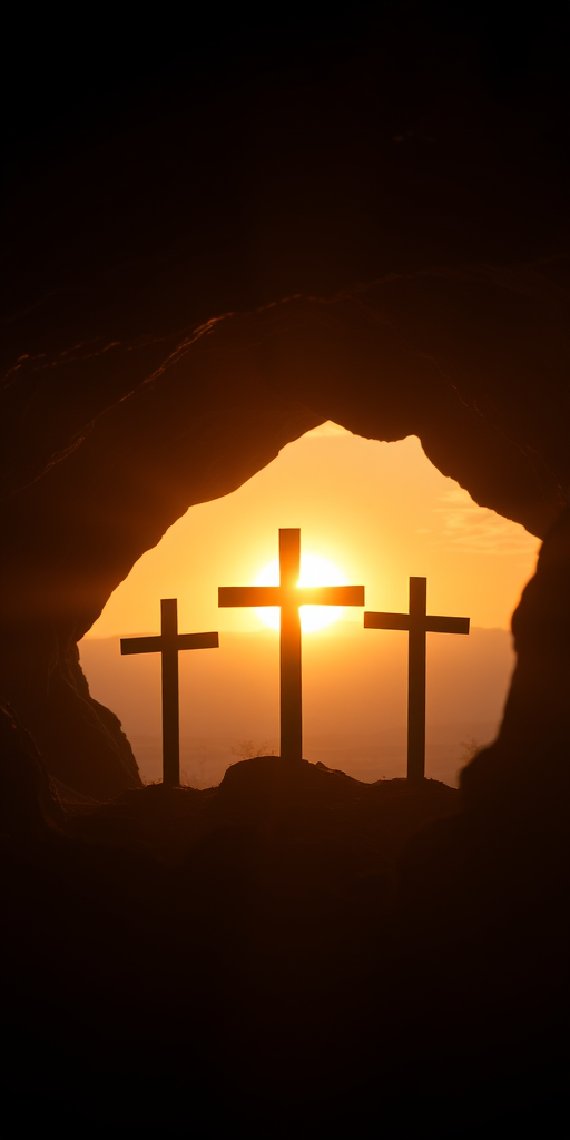 three silhouetted crosses against a glowing sunset, shot with a Canon EOS R5 at f/4, ISO 100, 1/200 sec, with a shallow depth of field and backlighting, capturing a serene and uplifting atmosphere in a natural cave setting