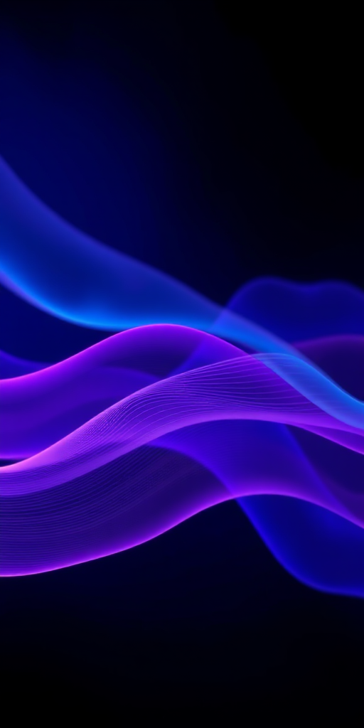 Generate an abstract image with flowing lines in shades of purple and blue, using a Canon EOS R5, 50mm lens, f/1.8 aperture, ISO 100, shot in landscape orientation with a soft focus effect to enhance image quality.