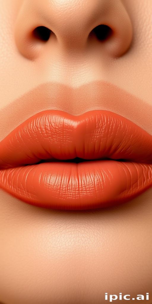 Matte terracotta lips with earthy undertones, perfectly lined and defined shape, warm and inviting color, chic Desert Clay Suede design