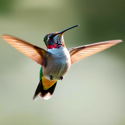 hummingbird in flight captured with a 100mm macro lens, f/2.8 aperture, ISO 400, 1/2000s shutter speed, natural lighting, shallow depth of field, focus on the bird's wings and colors, soft background blur