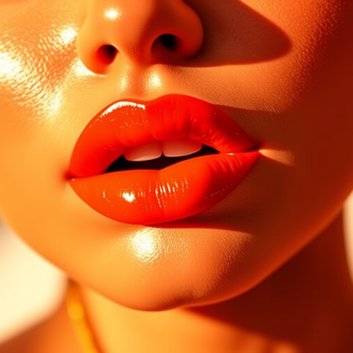 Exotic "Sunset Orange" lips radiating warmth with a vibrant, satin-finish tangerine hue, perfectly blended for a sun-kissed glow