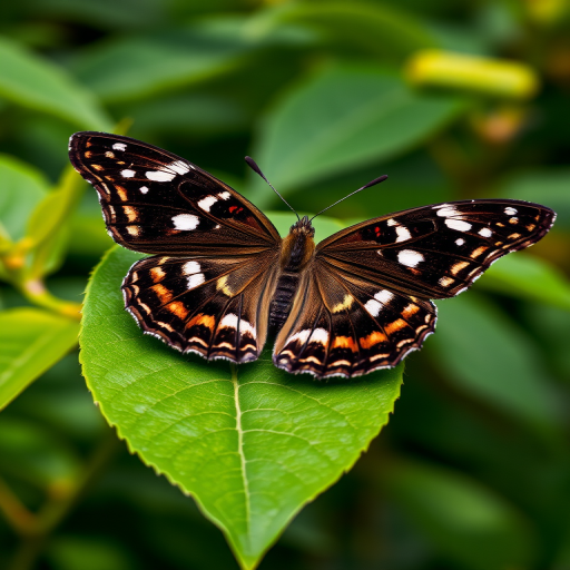 Generate an image of a butterfly resting on a green leaf. The butterfly should have dark brown wings with white spots, showcasing intricate details and a natural setting with blurred foliage in the background.