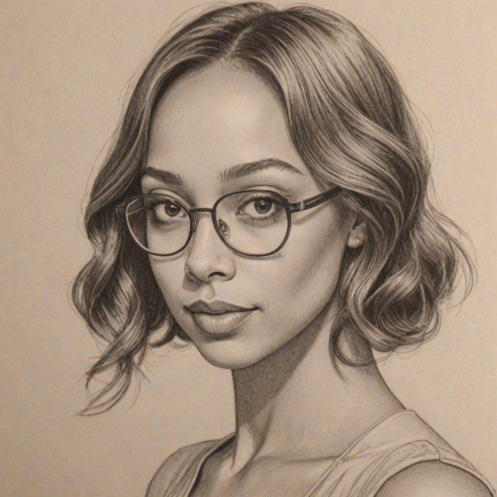 Gorgeous Amber Stevens West, pencil sketch, portrait of Dazzling woman 1924s in glasses, hair style beatnik, outline, clear lines, fine lines, 8k