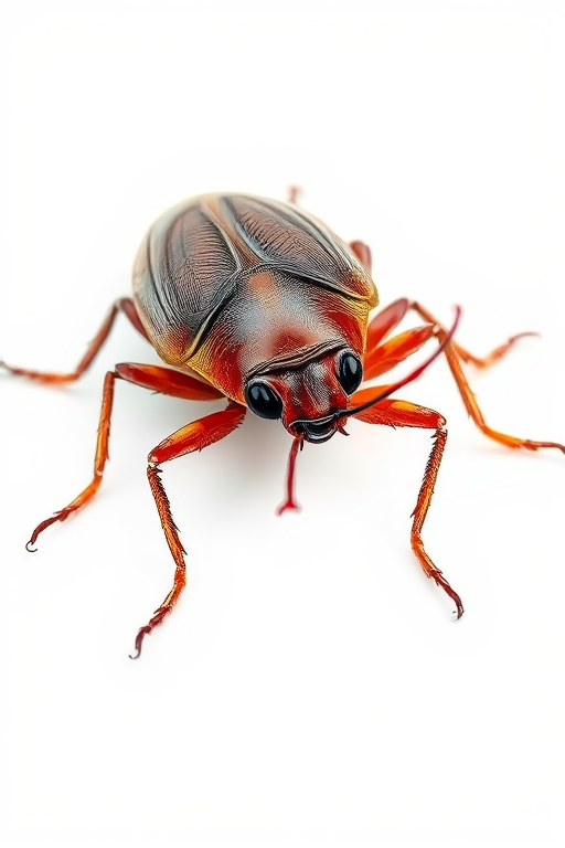Create a highly detailed illustration of a cartoon-style cockroach on a plain white background, using a 50mm lens, f/8 aperture, ISO 100, and a macro photography style to enhance image quality and focus on texture and color vibrancy.