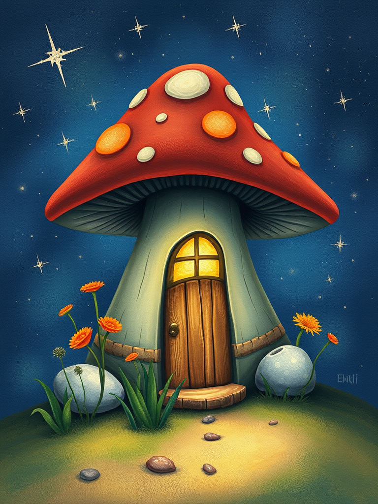 imagine illustration of a mushroom house with a door and a window, a storybook , fantasy art, mushroom house, bg starry sky, sparkles