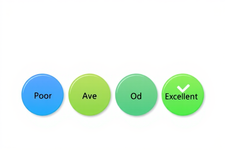 Create a high-resolution illustration of four circular rating icons labeled Poor, Average, Good, and Excellent in a gradient color scheme from blue to green, using a DSLR camera with a focal length of 50mm, aperture set to f/2.8, shot from a straight-on view with soft lighting for an appealing finish.