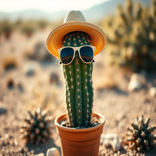 A well-lit cactus wearing sunglasses and a straw hat in a terracotta pot on a desert landscape, shallow depth of field, 50mm lens, f/2.8 aperture, ISO 100, natural sunlight.