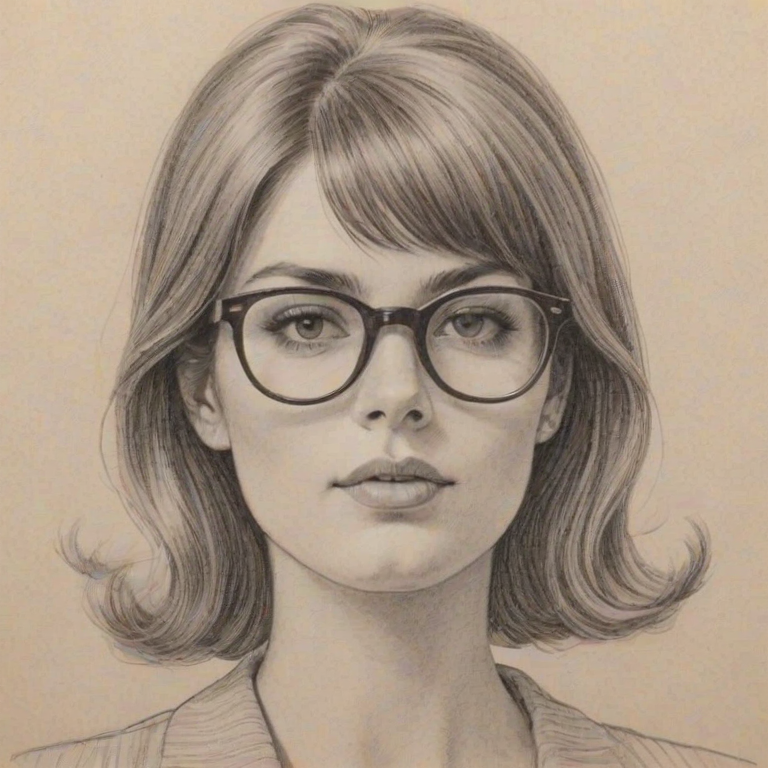 Alluring Hannah Arterton, pencil sketch, portrait of Comely woman 1963s in glasses, hair style beatnik, outline, clear lines, fine lines, 8k