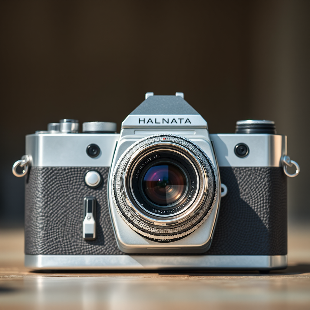 Create a high-resolution image of a vintage camera with a shiny silver body and a prominent lens, captured with a DSLR camera at f/2.8 aperture, ISO 100, 1/60s shutter speed, frontal view, in natural light for enhanced clarity and detail.