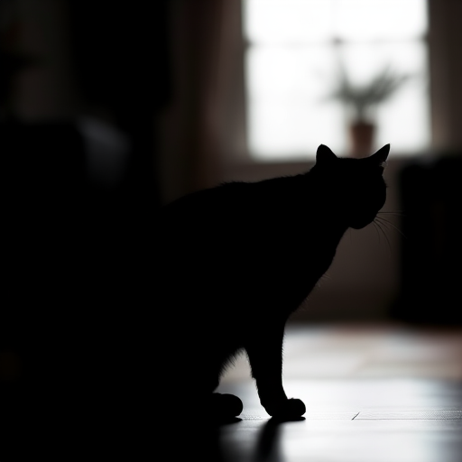 Create a high-resolution image of a minimalist black silhouette of a cat, captured with a DSLR camera at f/2.8, ISO 100, 50mm lens, in a soft focus style, with a shallow depth of field and natural light.